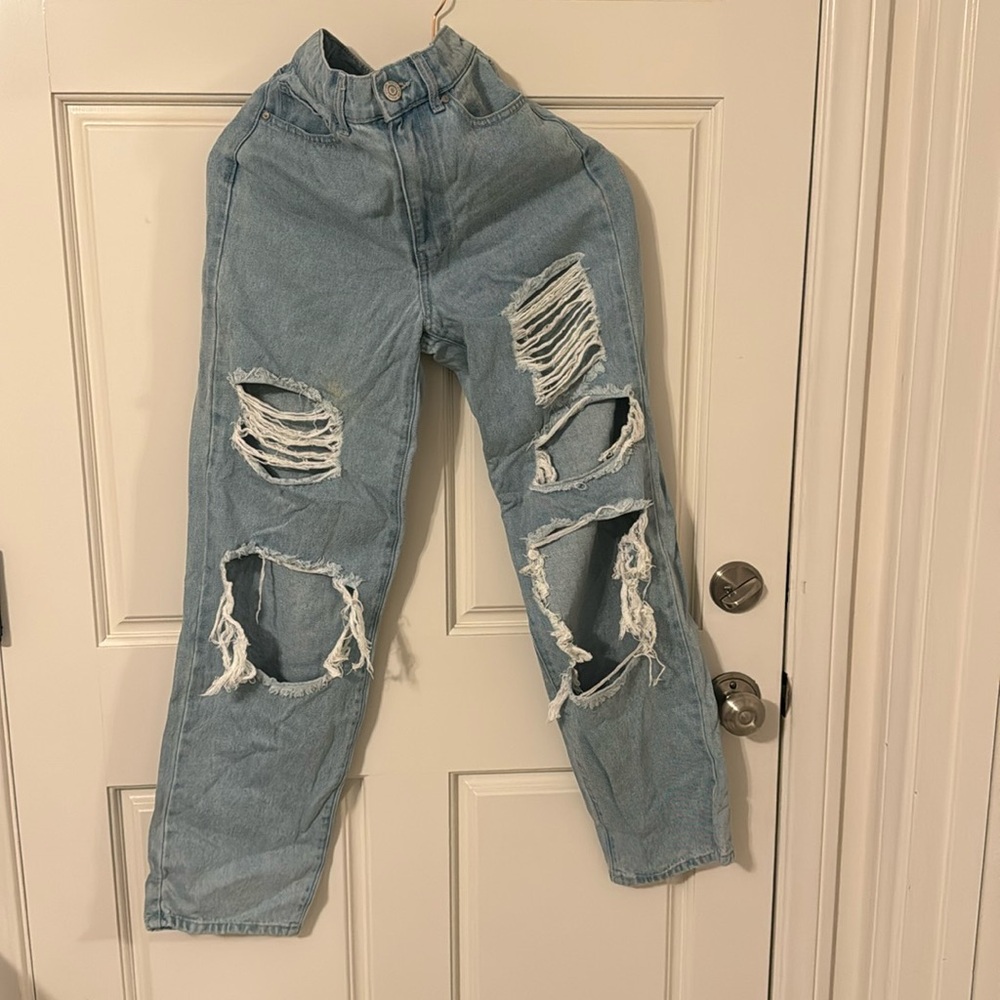 Light blue high waisted ripped jeans